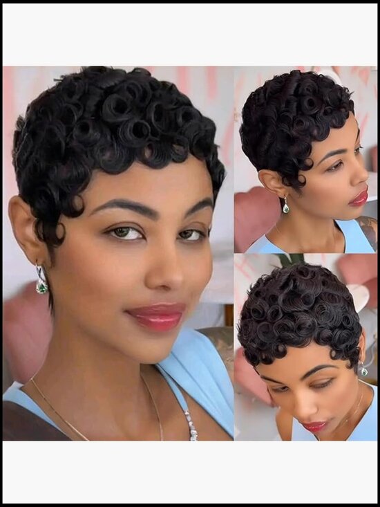 Brazilian Curly Pixie Wig Human Hair Glueless Short Layered Wig with Bangs